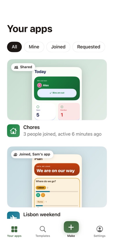 The Kinlets home screen with two shared apps, Chores and Lisbon weekend